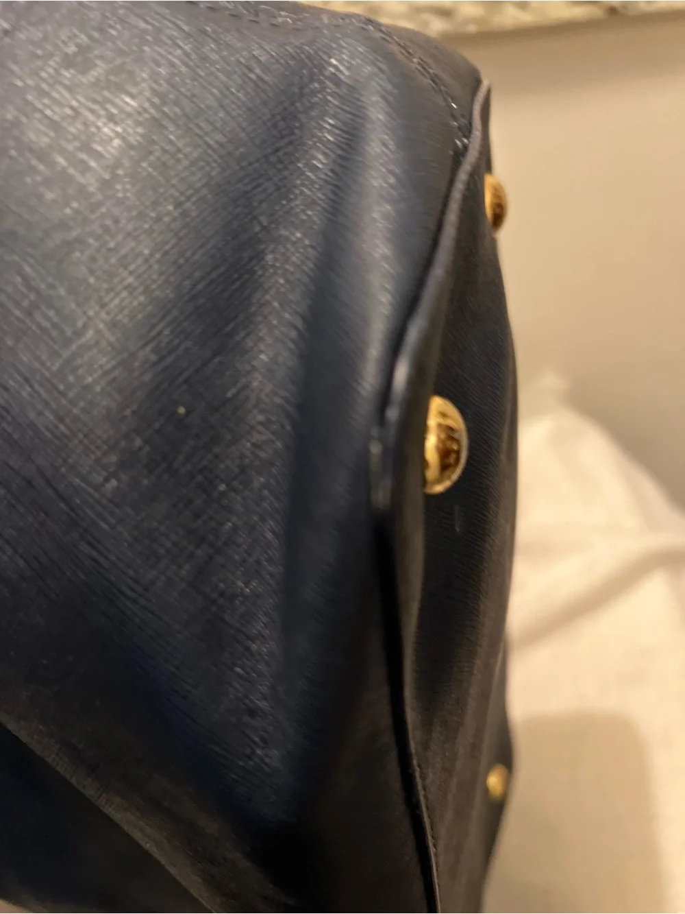Michael Kors Navy Leather Tote with Gold Grommet Accents Beachy Captain